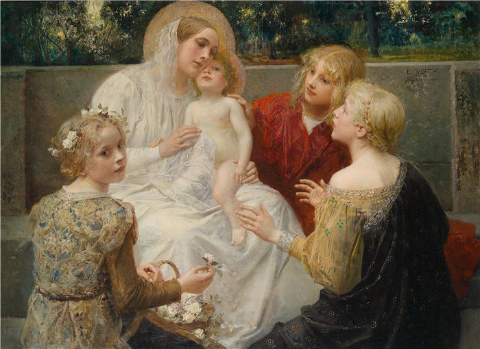 爱德华·维思(Eduard Veith,奥地利画家)高清作品-《圣母玛利亚与被孩子包围的耶稣(1896)》