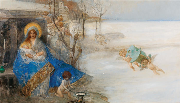 爱德华·维思（Eduard Veith，奥地利画家）高清作品-《麦当娜和被天使包围的孩子》