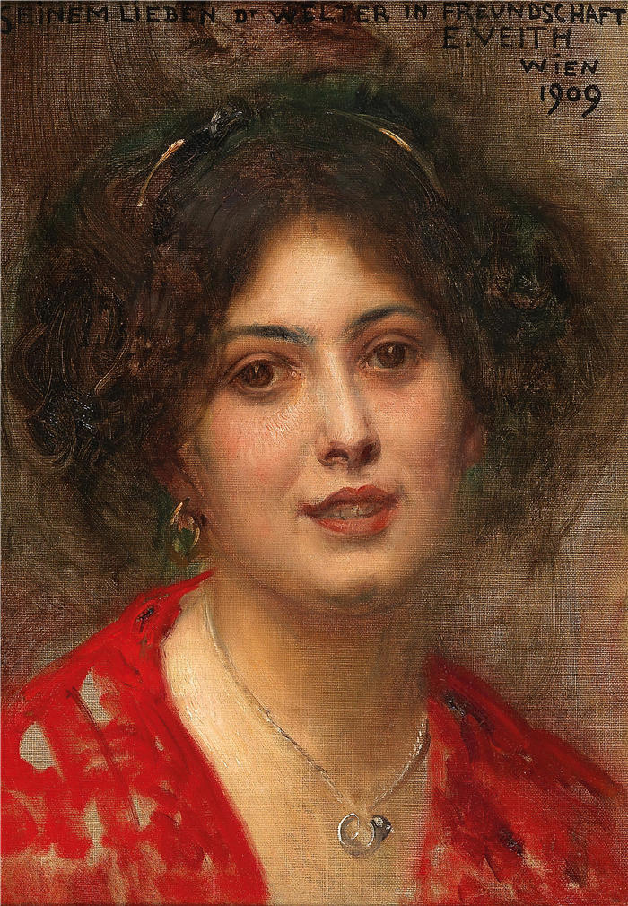 爱德华·维思(Eduard Veith,奥地利画家)高清作品-《一个穿红裙子的年轻女子的肖像》