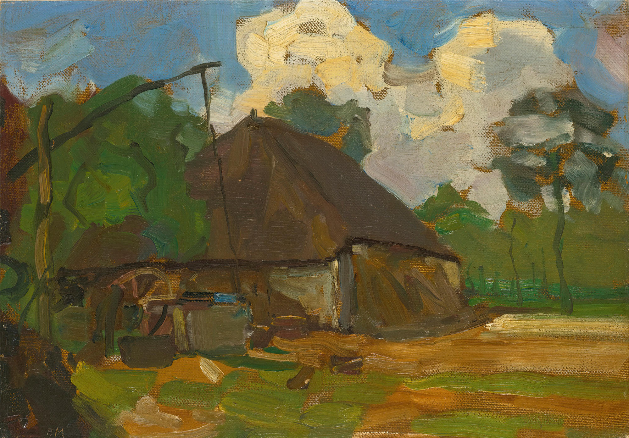 皮特·蒙德里安(Piet Mondrian，荷兰画家)油画高清作品-《日光下的农场建筑（大约 1907 年）》
