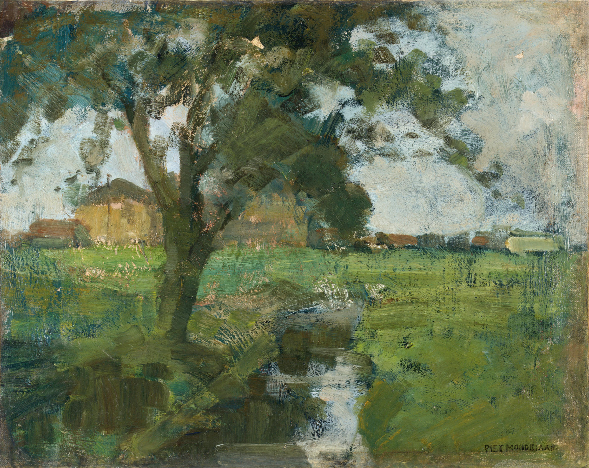 皮特·蒙德里安(Piet Mondrian，荷兰画家)油画高清作品-《带有前景树和灌溉沟的农场环境 (1900-02)》