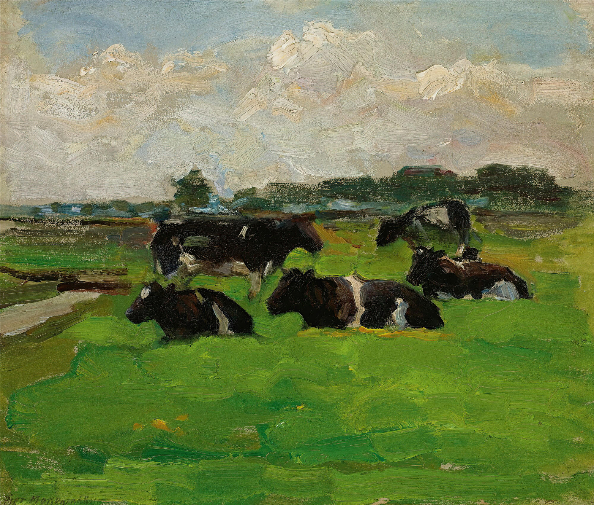 皮特·蒙德里安(Piet Mondrian，荷兰画家)油画高清作品-《五头牛的风景（大约 1901-02 年）》