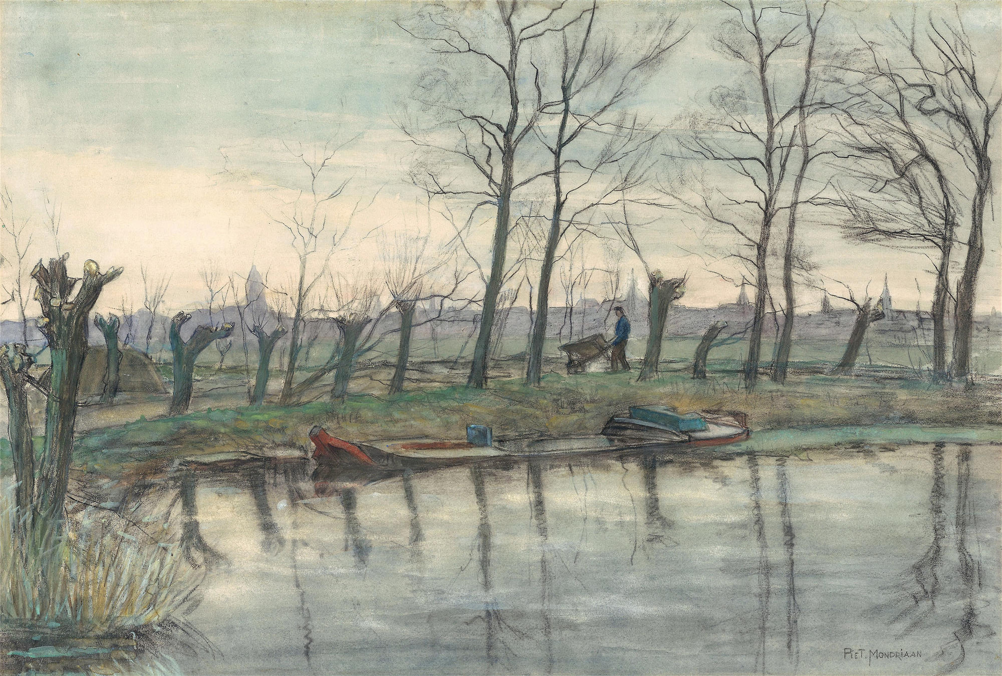 皮特·蒙德里安(Piet Mondrian，荷兰画家)油画高清作品-《从西方看到的阿姆斯特丹天际线 (1894–1904)》