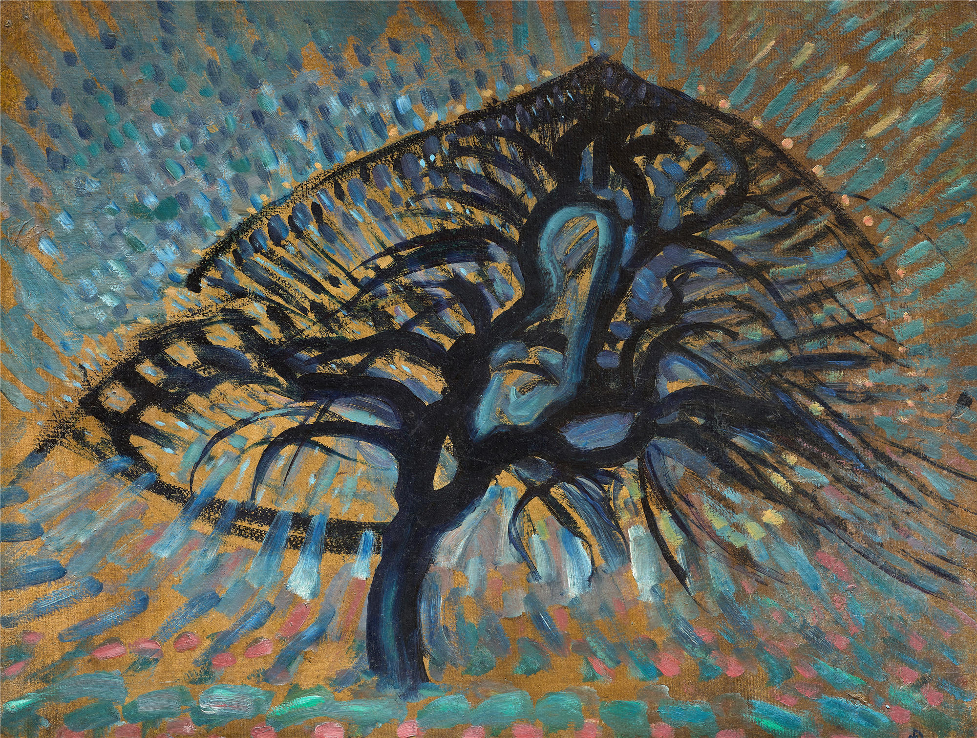 皮特·蒙德里安(Piet Mondrian，荷兰画家)油画高清作品-《苹果树，点彩画版（1908–1909）》
