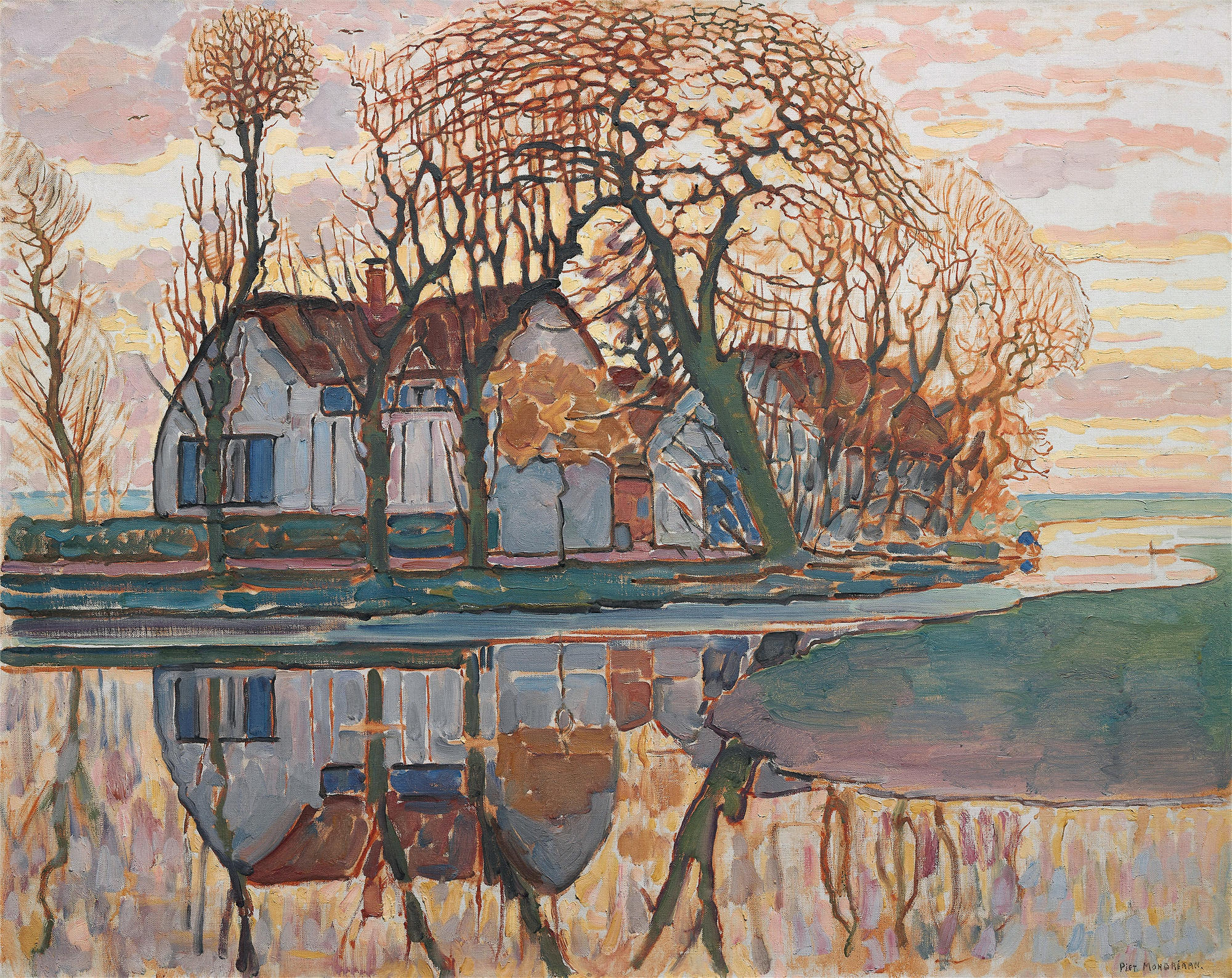 皮特·蒙德里安(Piet Mondrian，荷兰画家)油画高清作品-《Duivendrecht 附近的农场（约 1916 年）》