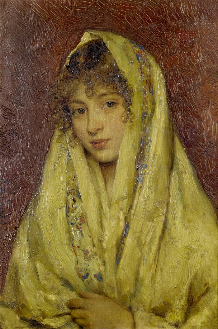 尤金·冯·布拉斯 (Eugene von Blaas意大利画家)高清油画作品-《 穿黄色披肩的女孩》