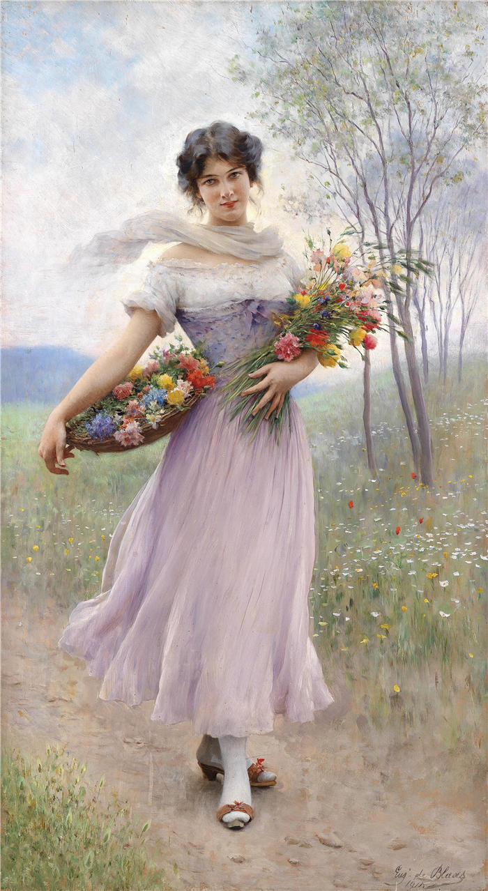尤金·冯·布拉斯 (Eugene von Blaas，意大利画家)高清油画作品-《 Mädchen in fliederfarbenem Kleid》