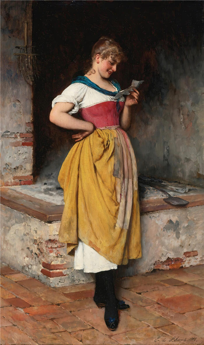 尤金·冯·布拉斯 (Eugene von Blaas，意大利画家)高清油画作品-《 好消息 (1887)》