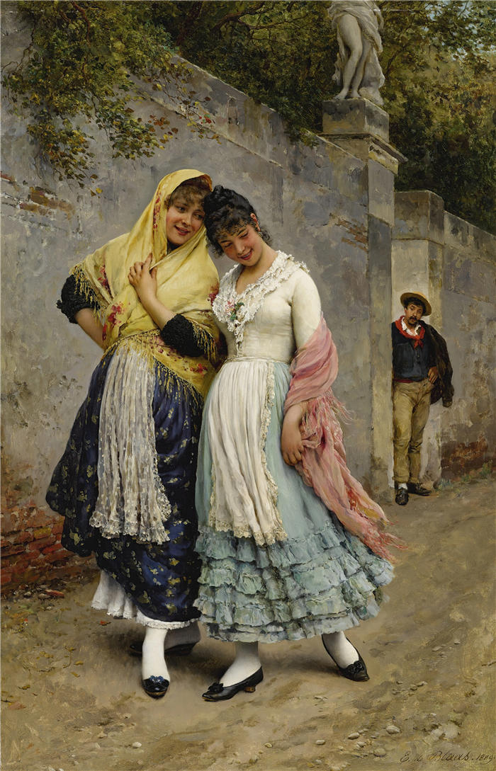 尤金·冯·布拉斯 (Eugene von Blaas，意大利画家)高清油画作品-《 调情 (1889)》