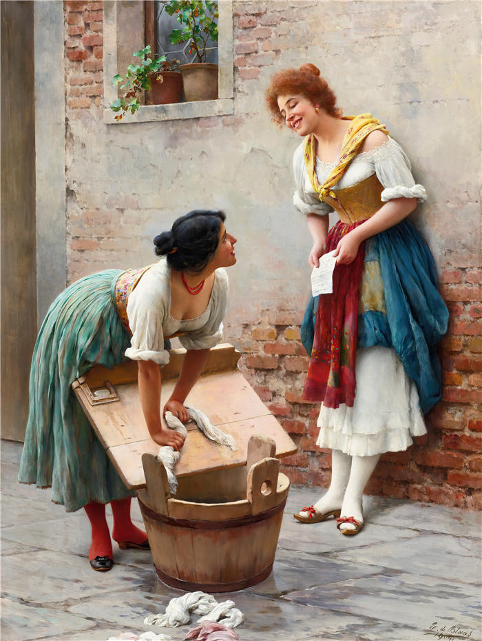 尤金·冯·布拉斯 (Eugene von Blaas意大利画家)高清油画作品-《 分享新闻 (1904.)》