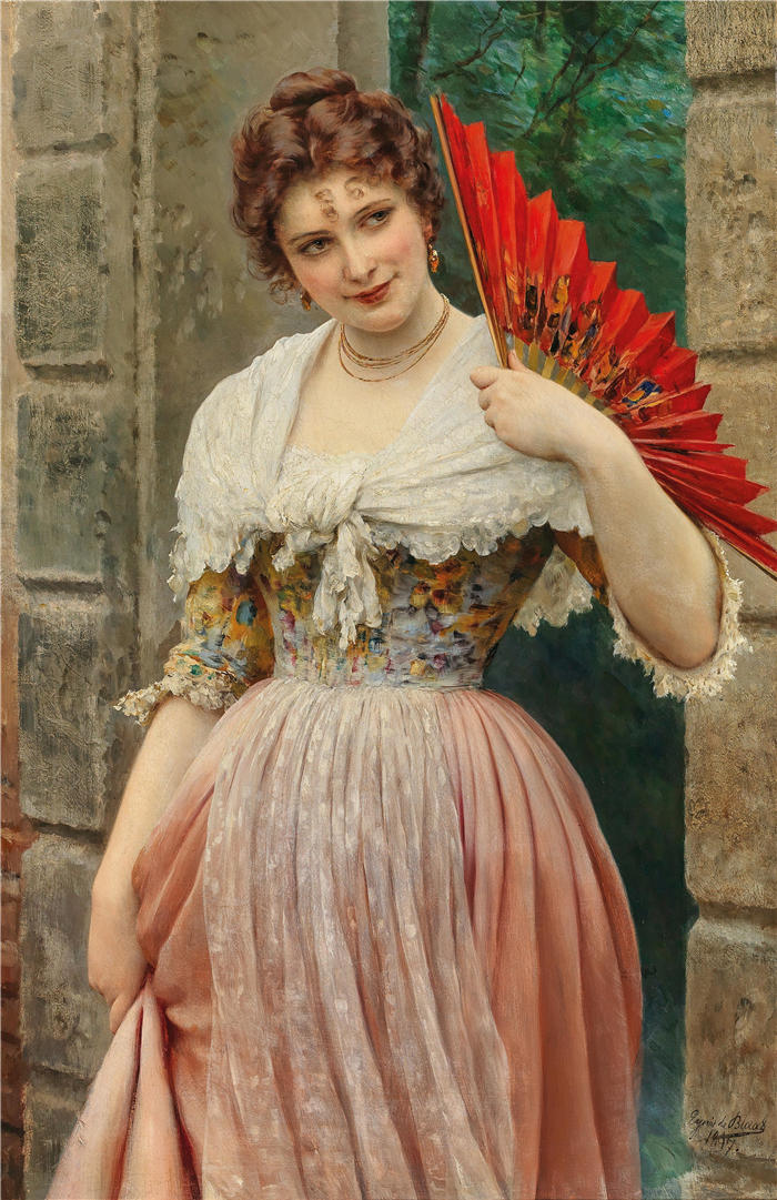尤金·冯·布拉斯 (Eugene von Blaas，意大利画家)高清油画作品-《 拿着红扇子的少女 (1897)》