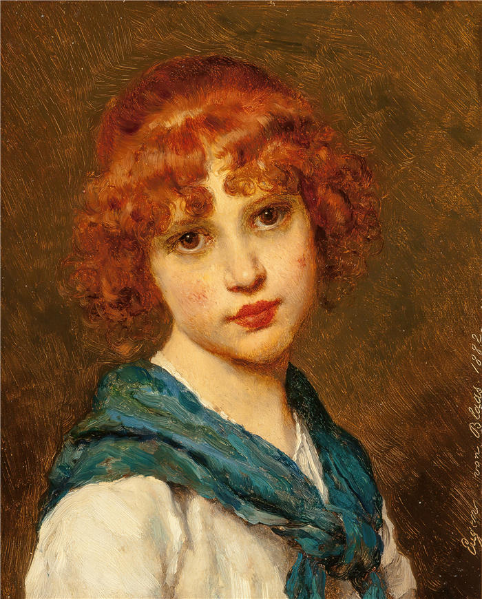 尤金·冯·布拉斯 (Eugene von Blaas，意大利画家)高清油画作品-《 戴蓝围巾的女孩 (1882)》