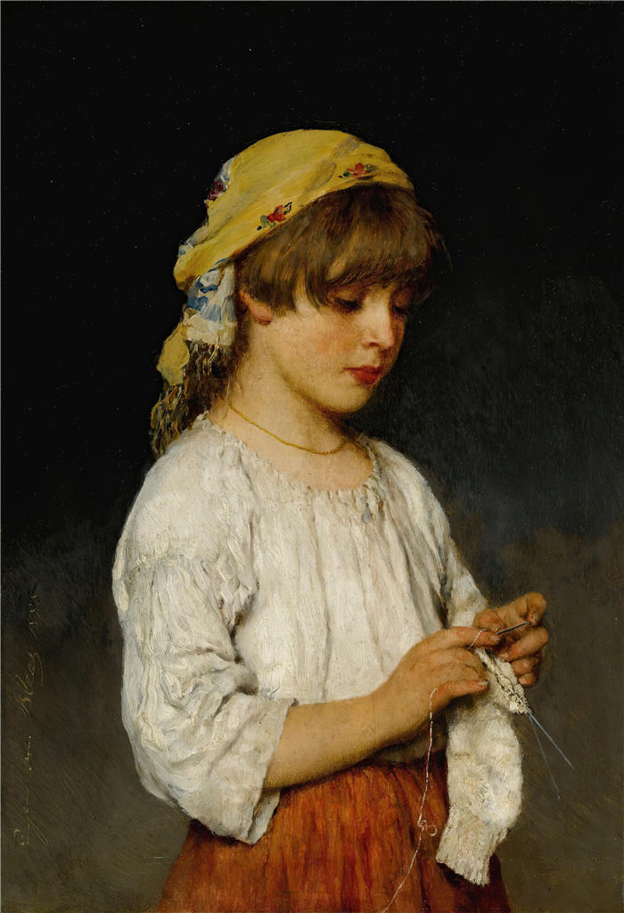 尤金·冯·布拉斯 (Eugene von Blaas，意大利画家)高清油画作品-《 戴头巾的针织女孩 (1885)》