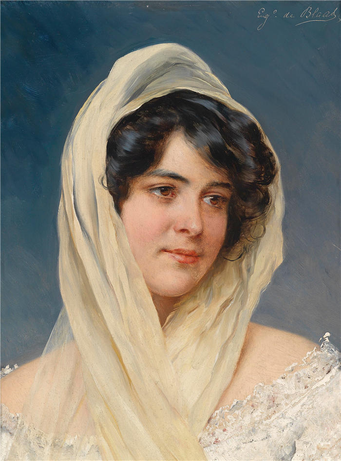 尤金·冯·布拉斯 (Eugene von Blaas，意大利画家)高清油画作品-《 戴面纱的年轻女士的形象》
