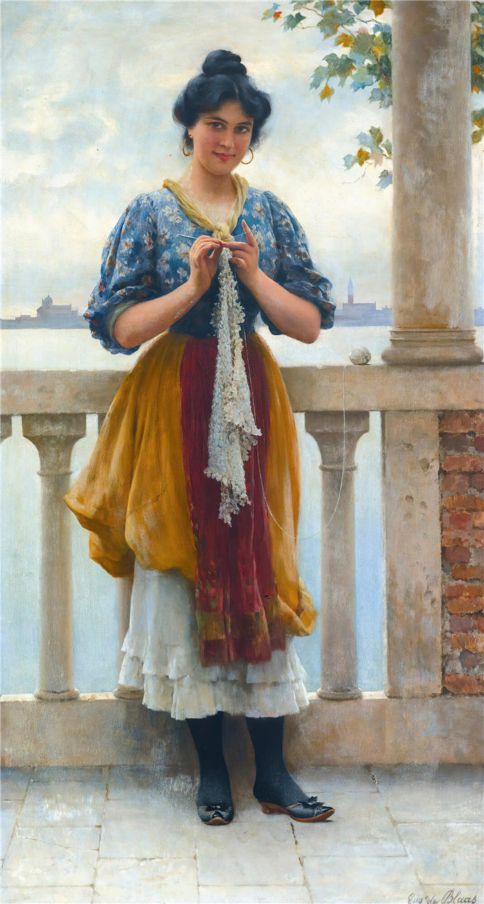 尤金·冯·布拉斯 (Eugene von Blaas，意大利画家)高清油画作品-《 威尼斯泻湖前的少女》