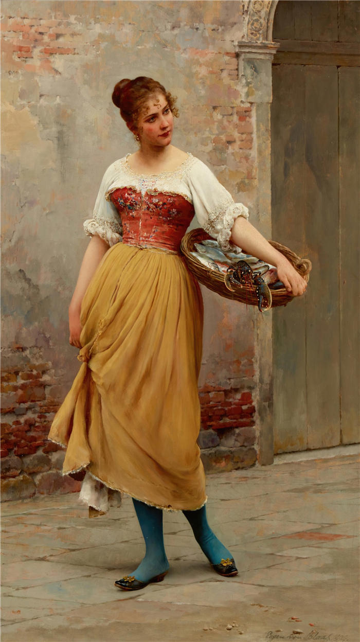 尤金·冯·布拉斯 (Eugene von Blaas，意大利画家)高清油画作品-《 一个很好的捕获 (1894)》