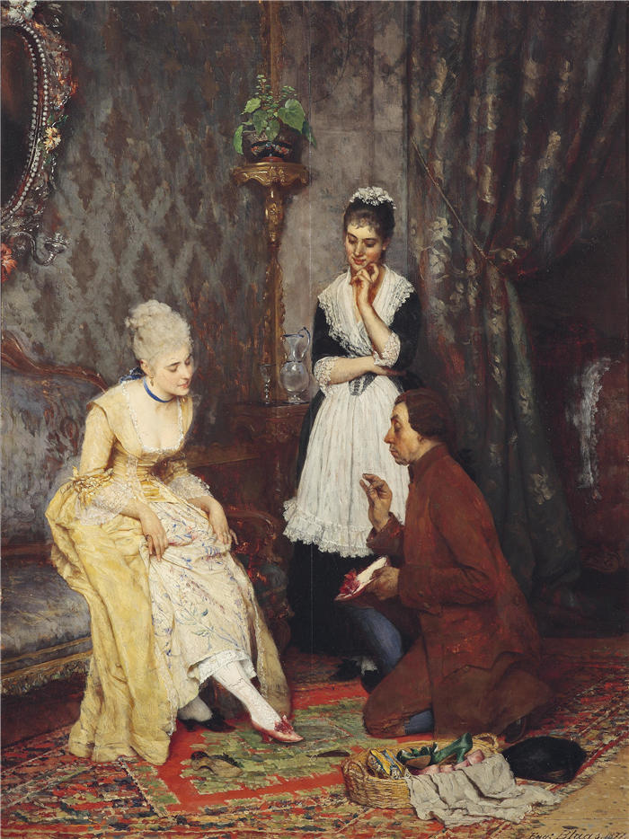 尤金·冯·布拉斯 (Eugene von Blaas，意大利画家)高清油画作品-《 完美的鞋子（1877）》