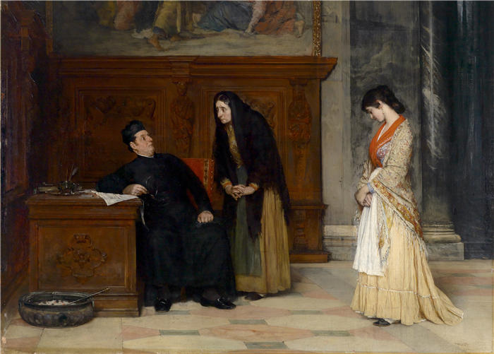 尤金·冯·布拉斯 (Eugene von Blaas，意大利画家)高清油画作品-《 在圣器收藏室 (1877)》