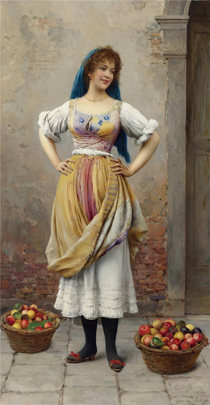 尤金·冯·布拉斯 (Eugene von Blaas意大利画家)高清油画作品-《 市场女孩 (1900)》