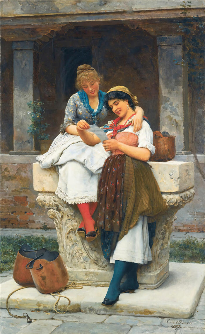 尤金·冯·布拉斯 (Eugene von Blaas意大利画家)高清油画作品-《 情书 (1887)》