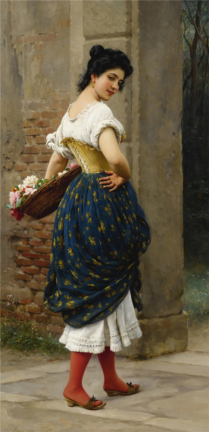 尤金·冯·布拉斯 (Eugene von Blaas，意大利画家)高清油画作品-《 一篮玫瑰的少女（1900）》