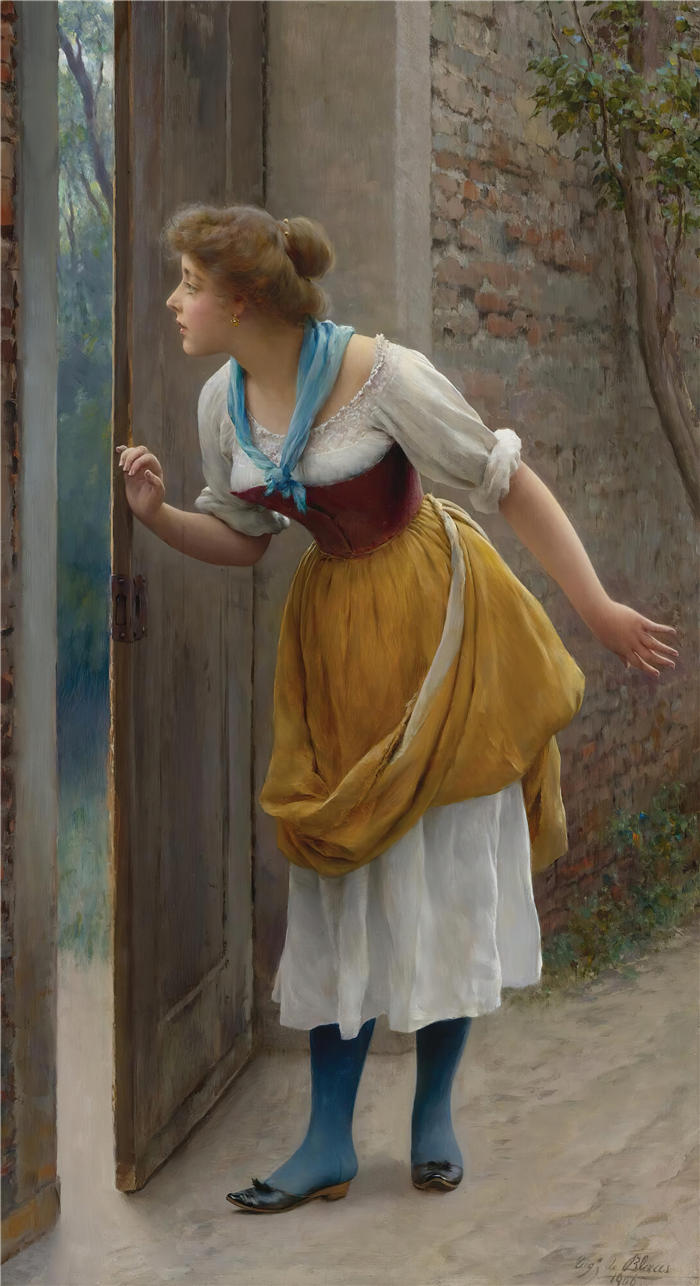 尤金·冯·布拉斯 (Eugene von Blaas意大利画家)高清油画作品-《 窃听者 (1906)》