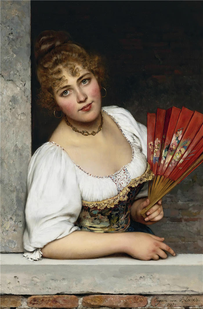 尤金·冯·布拉斯 (Eugene von Blaas意大利画家)高清油画作品-《 在窗边 (1892)》
