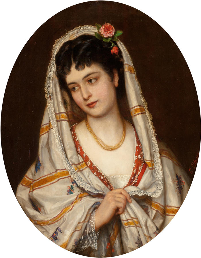尤金·冯·布拉斯 (Eugene von Blaas，意大利画家)高清油画作品-《 一位年轻的意大利美女 (1871)》