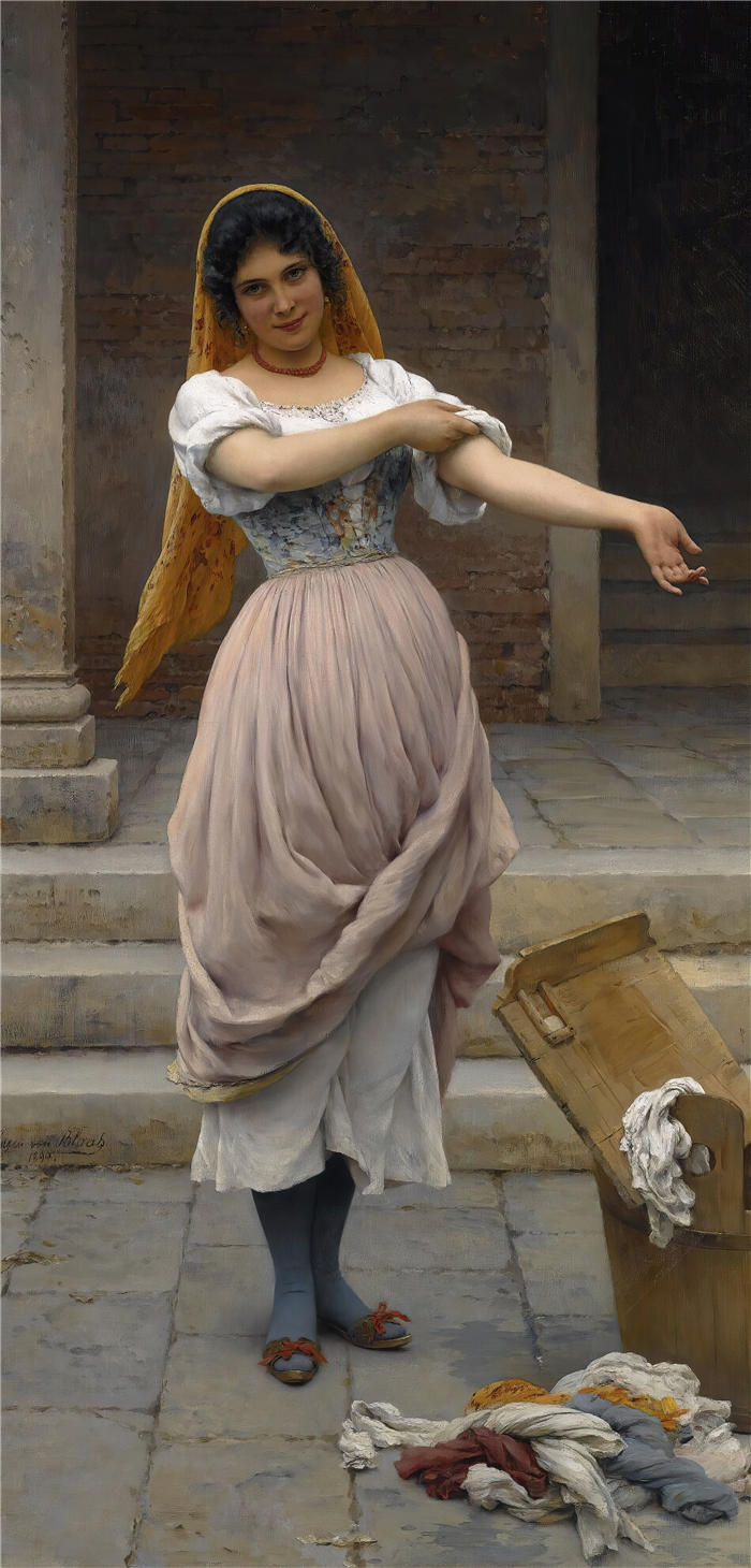 尤金·冯·布拉斯 (Eugene von Blaas意大利画家)高清油画作品-《 洗衣妇 (1899)》