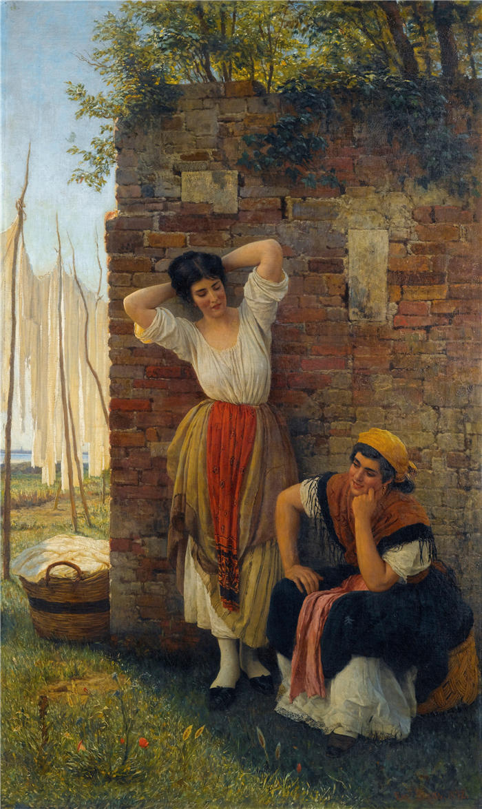 尤金·冯·布拉斯 (Eugene von Blaas，意大利画家)高清油画作品-《 休息片刻 (1872)》