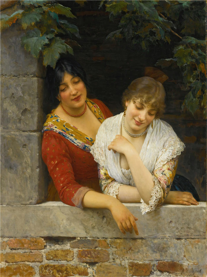 尤金·冯·布拉斯 (Eugene von Blaas，意大利画家)高清油画作品-《 阳台上的威尼斯人（1881 年）》