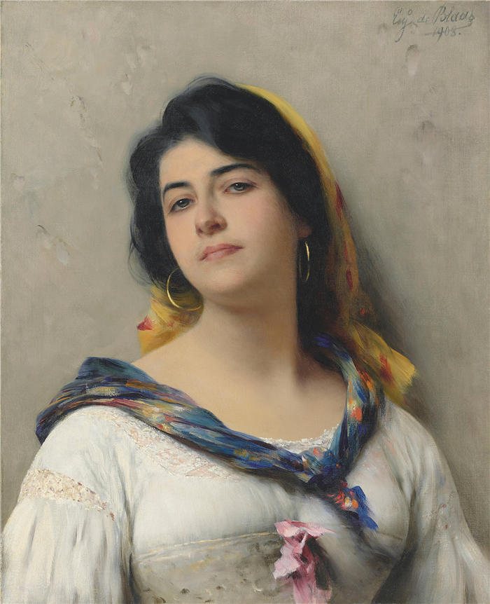 尤金·冯·布拉斯 (Eugene von Blaas，意大利画家)高清油画作品-《 年轻的美人 (1908)》