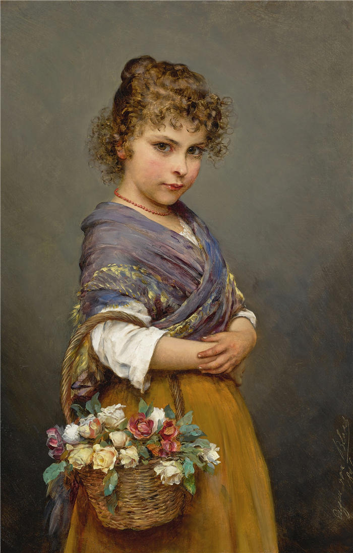 尤金·冯·布拉斯 (Eugene von Blaas，意大利画家)高清油画作品-《 提着花篮的少女 (1894)》