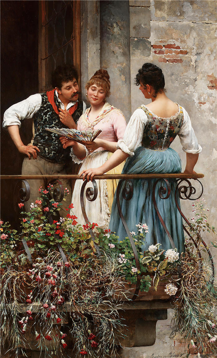 尤金·冯·布拉斯 (Eugene von Blaas，意大利画家)高清油画作品-《 最喜欢的粉丝 (1889)》