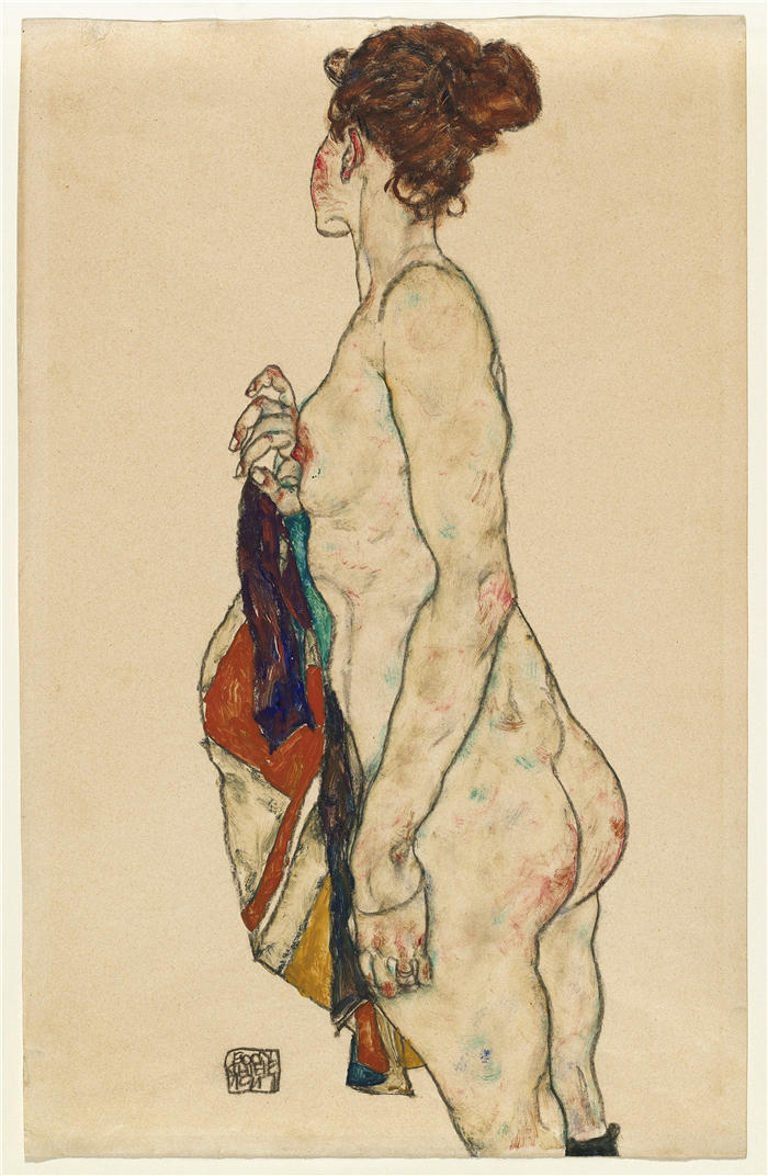 埃贡·席勒（ Egon Schiele，奥地利画家）高清作品-《穿着带图案长袍的站立裸体（1917）》