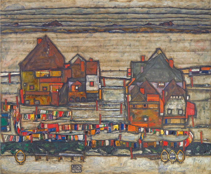 埃贡·席勒（ Egon Schiele，奥地利画家）高清作品-《带洗衣房的房子（郊区 II）（1914 年）》