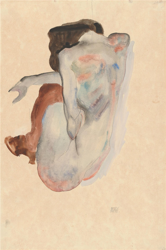 埃贡·席勒（ Egon Schiele，奥地利画家）高清作品-《穿着鞋子和黑色丝袜的裸体蹲伏，后视图（1912 年）》
