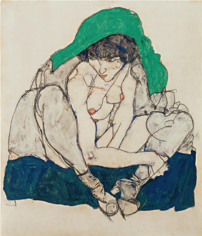 埃贡·席勒（ Egon Schiele，奥地利画家）高清作品-《戴着绿色头巾的蹲伏的女人 (1914)》