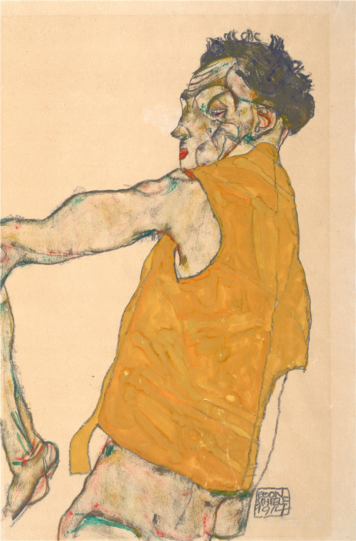 埃贡·席勒（ Egon Schiele，奥地利画家）高清作品-《穿黄色背心的自画像，1914 年》