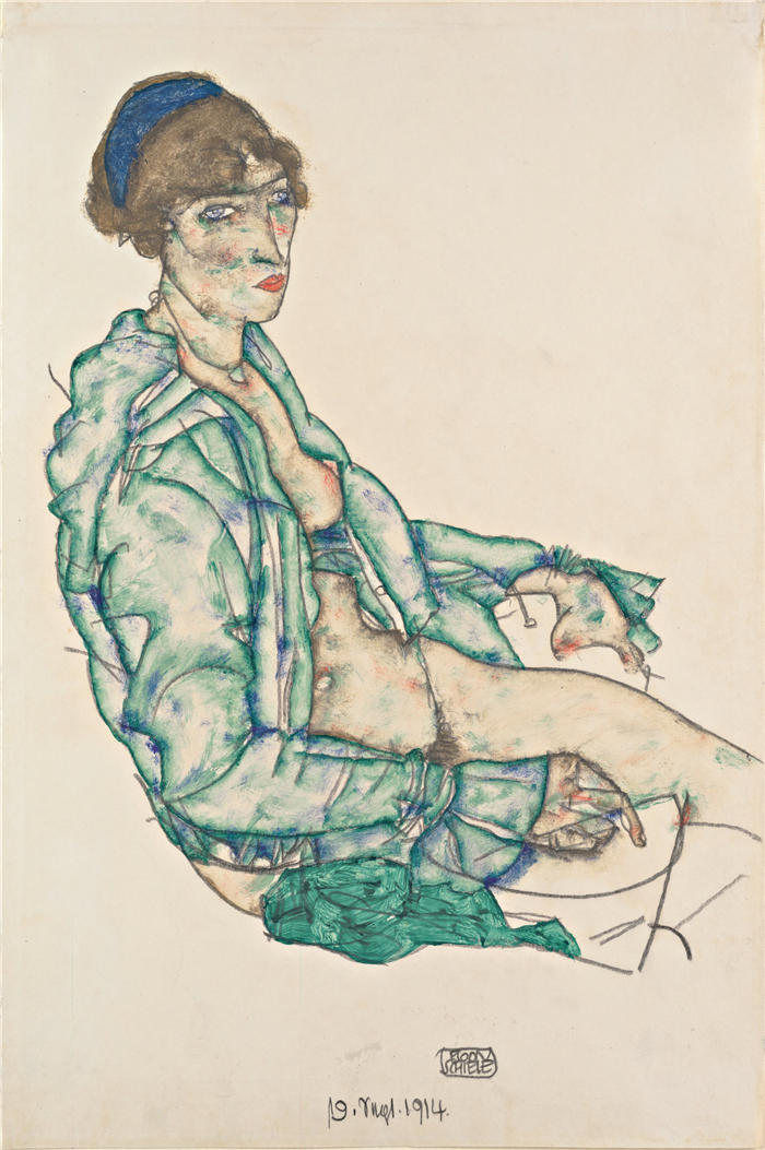 埃贡·席勒（ Egon Schiele，奥地利画家）高清作品-《带蓝色发带的半裸坐姿 (1914)》