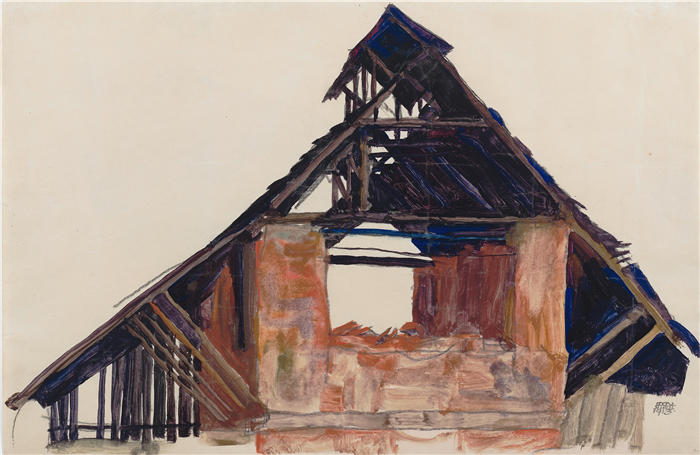 埃贡·席勒（ Egon Schiele，奥地利画家）高清作品-《旧山墙 (1913)》