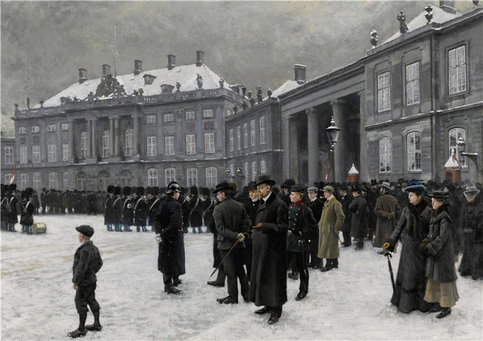 保罗·费舍尔(Paul Fischer，丹麦画家)高清作品-《阿美琳堡宫的卫兵换岗（1902-1903）》