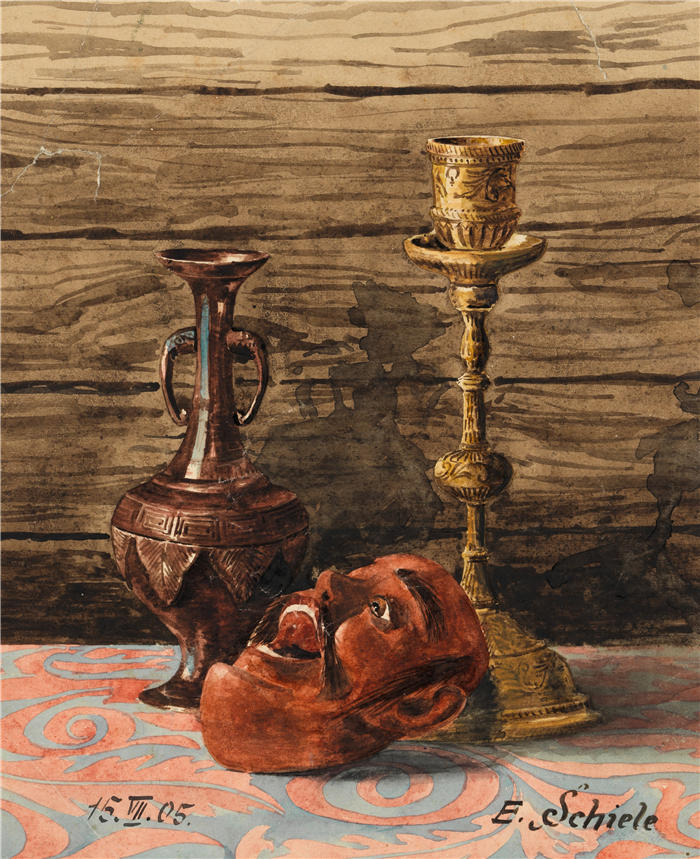 埃贡·席勒( Egon Schiele,奥地利画家)高清作品-《烛光静物,花瓶面具(1905)》