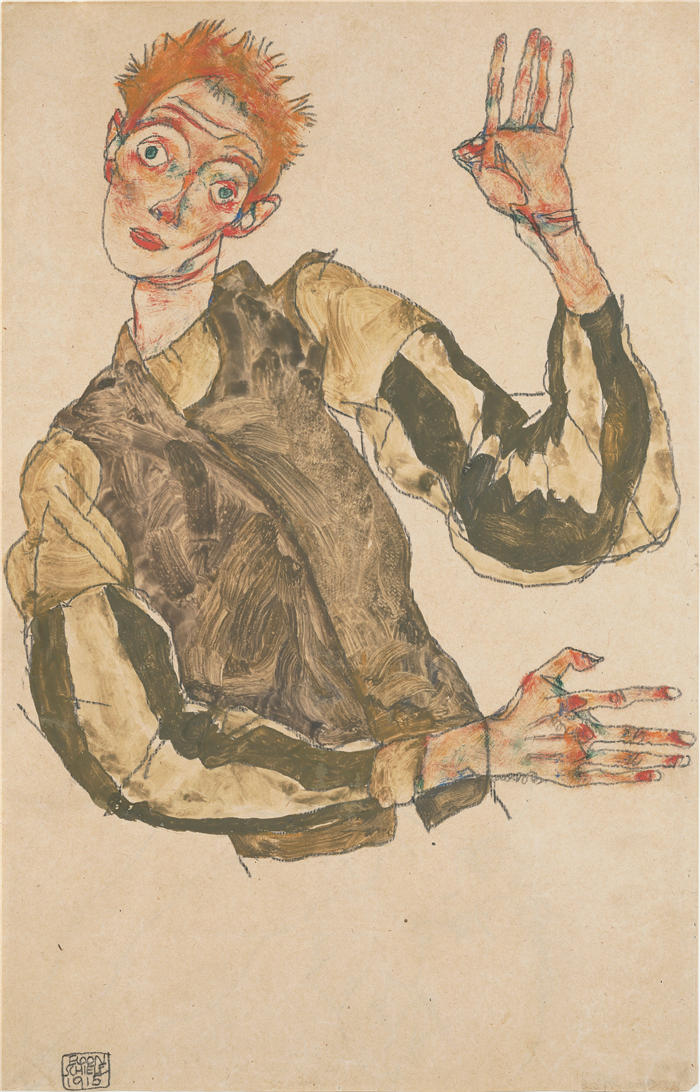 埃贡·席勒（ Egon Schiele，奥地利画家）高清作品-《条纹袖子自画像 (1915)》