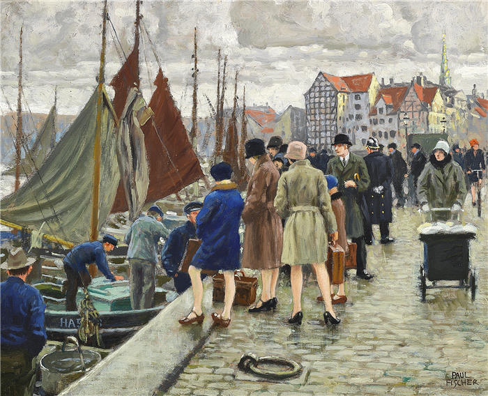 保罗·费舍尔(Paul Fischer，丹麦画家)高清作品-《戴喇叭帽的优雅女士买鱼》