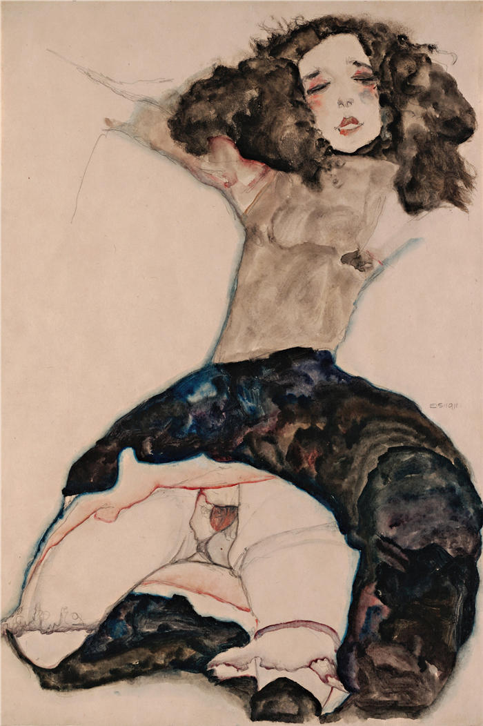 埃贡·席勒（ Egon Schiele，奥地利画家）高清作品-《提裙黑发少女 (1911)》