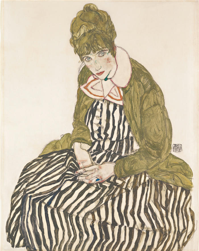 埃贡·席勒( Egon Schiele,奥地利画家)高清作品-《伊迪丝穿着条纹连衣裙,坐着(1915 年)》