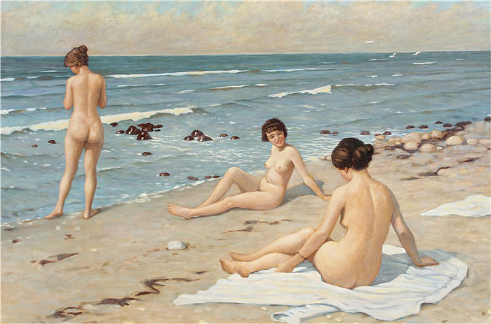 保罗·费舍尔(Paul Fischer，丹麦画家)高清作品-《海滩派对与沐浴女性（》