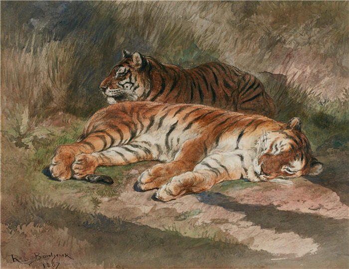 罗莎·博纳尔(rosa bonheur，法国画家)高清作品-《两只卧虎（1887）》