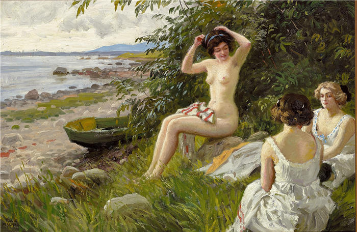 保罗·费舍尔(Paul Fischer，丹麦画家)高清作品-《三个海滩女孩（1913） 》